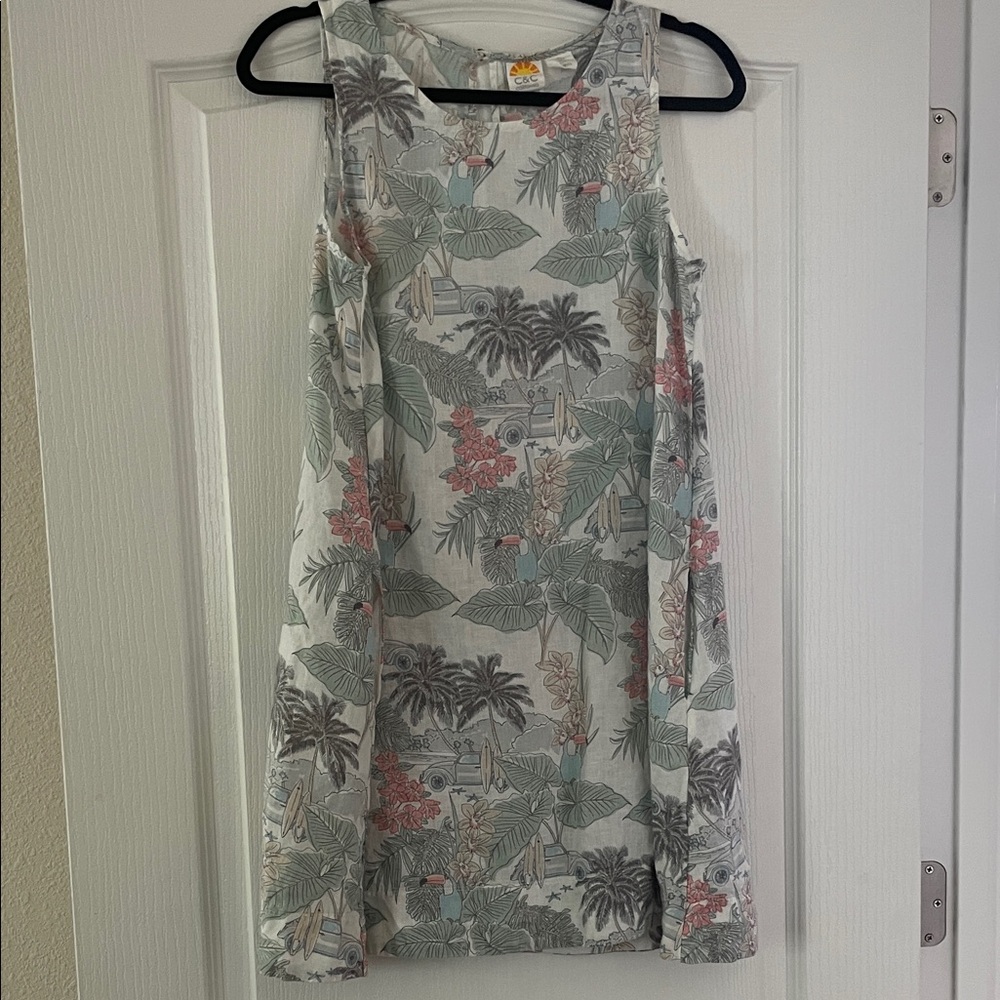 Tropical Print Linen Sleeveless Dress